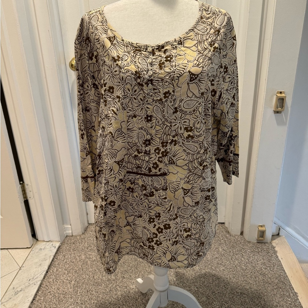 Avenue Beige and Dark Brown Patterned Blouse